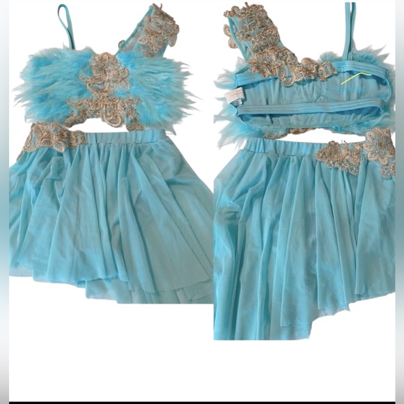 Glamour dance costume 2 piece aqua blue rhinestone feather embellished XLC child - Picture 1 of 11